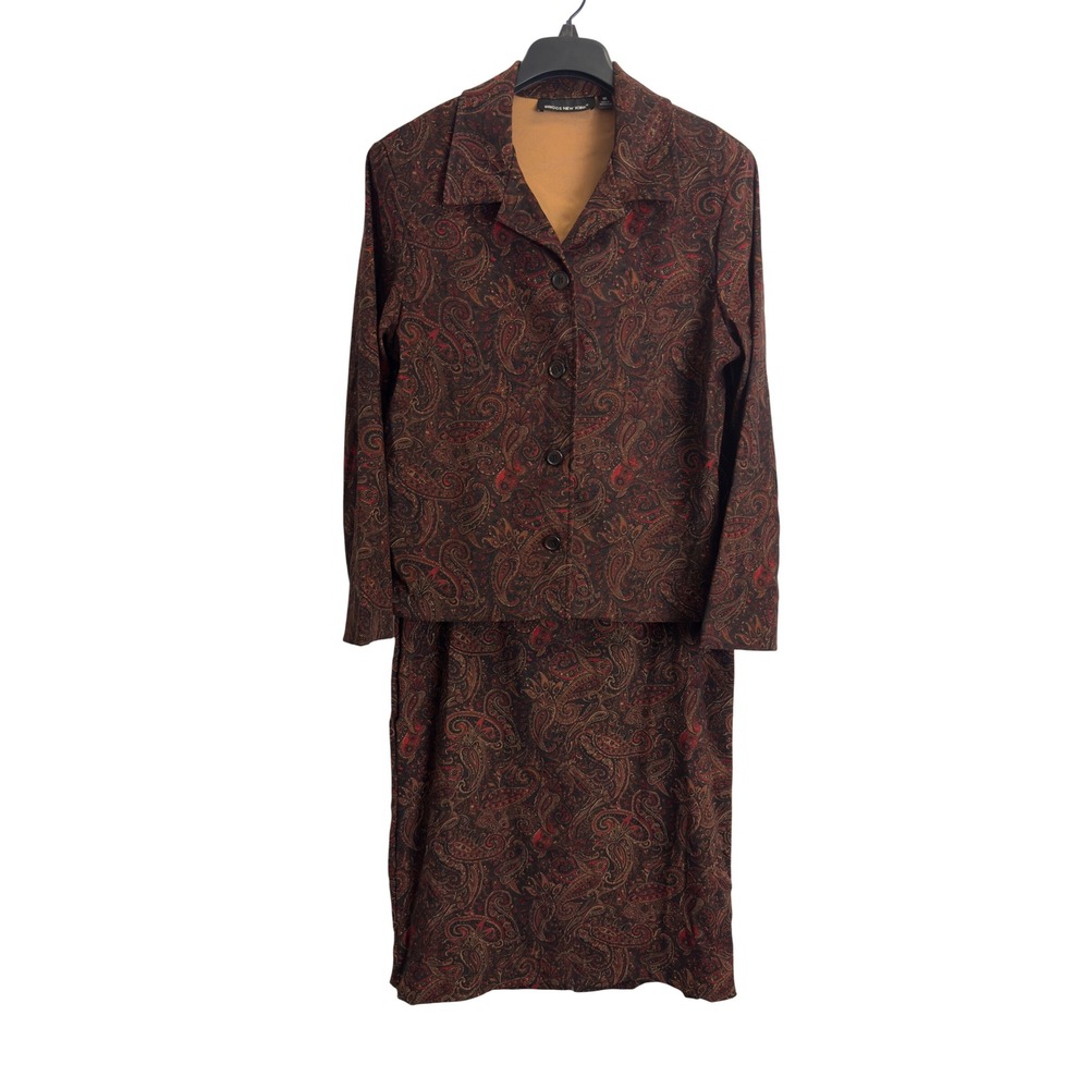 Briggs New York Womens Brown Red Paisley Skirt Suit Set Size M/14 2 Piece